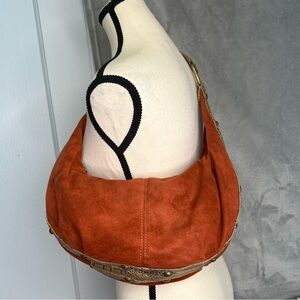 Kathy Van Zeeland Burnt Orange Purse Suede Croc Trim Metal Bead turquoise Fur